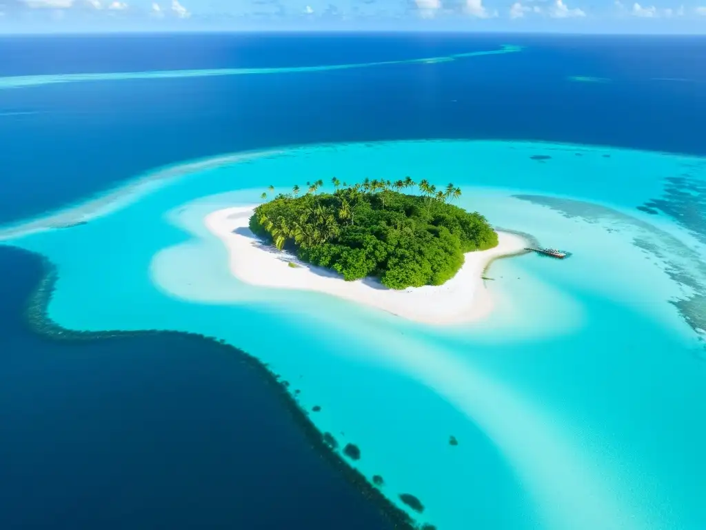 Vista aérea de islas paradisíacas accesibles hidroavión, aguas turquesas, playas blancas y palmeras exuberantes