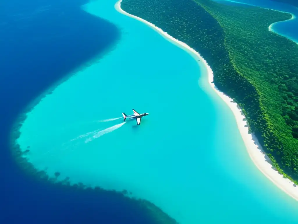 Vista aérea de islas paradisíacas accesibles en hidroavión, lago turquesa y exuberante vegetación