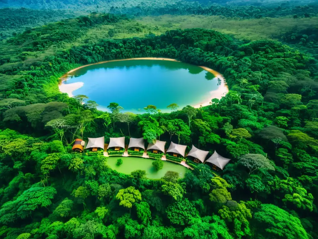 Vista aérea de un lujoso ecolodge en la selva, ofreciendo exclusividad y sostenibilidad