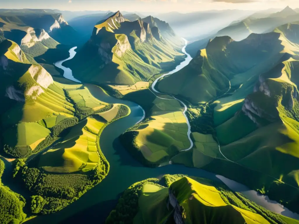 Una vista aérea de majestuosas montañas, valles verdes y un río serpenteante