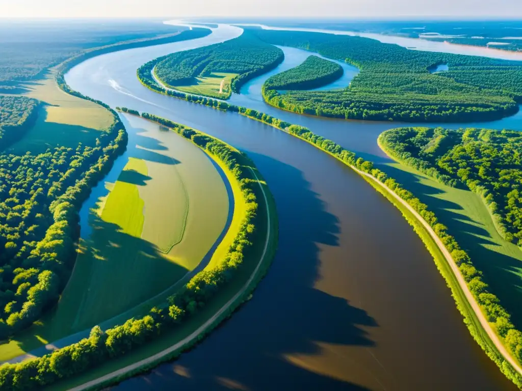 Vista aérea del majestuoso río Misisipi con evolución de medios de transporte, rodeado de exuberante naturaleza y tierras de cultivo