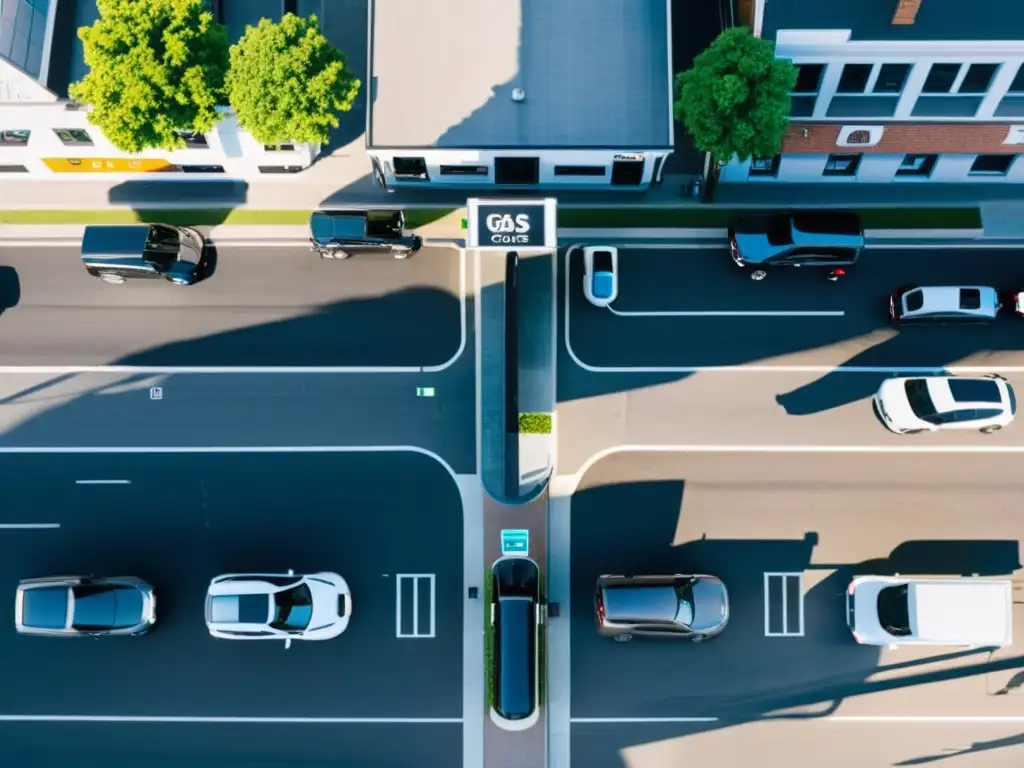 Vista aérea de la evolución de medios de transporte e infraestructura urbana con estación de carga eléctrica y gasolinera tradicional