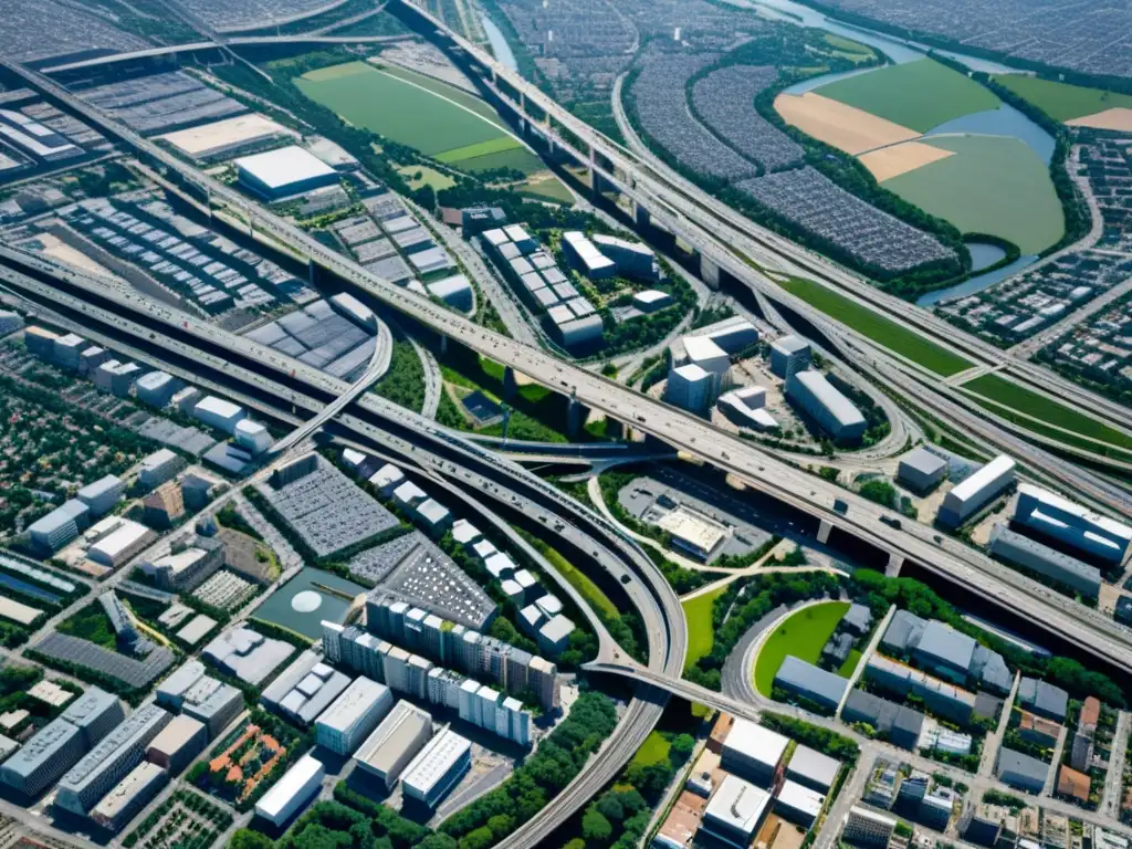 Vista aérea de una metrópolis vibrante, con redes de carreteras, puentes y edificios