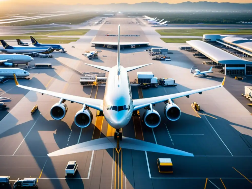 Vista aérea de un moderno aeropuerto, con una red compleja de pistas, terminales y aviones