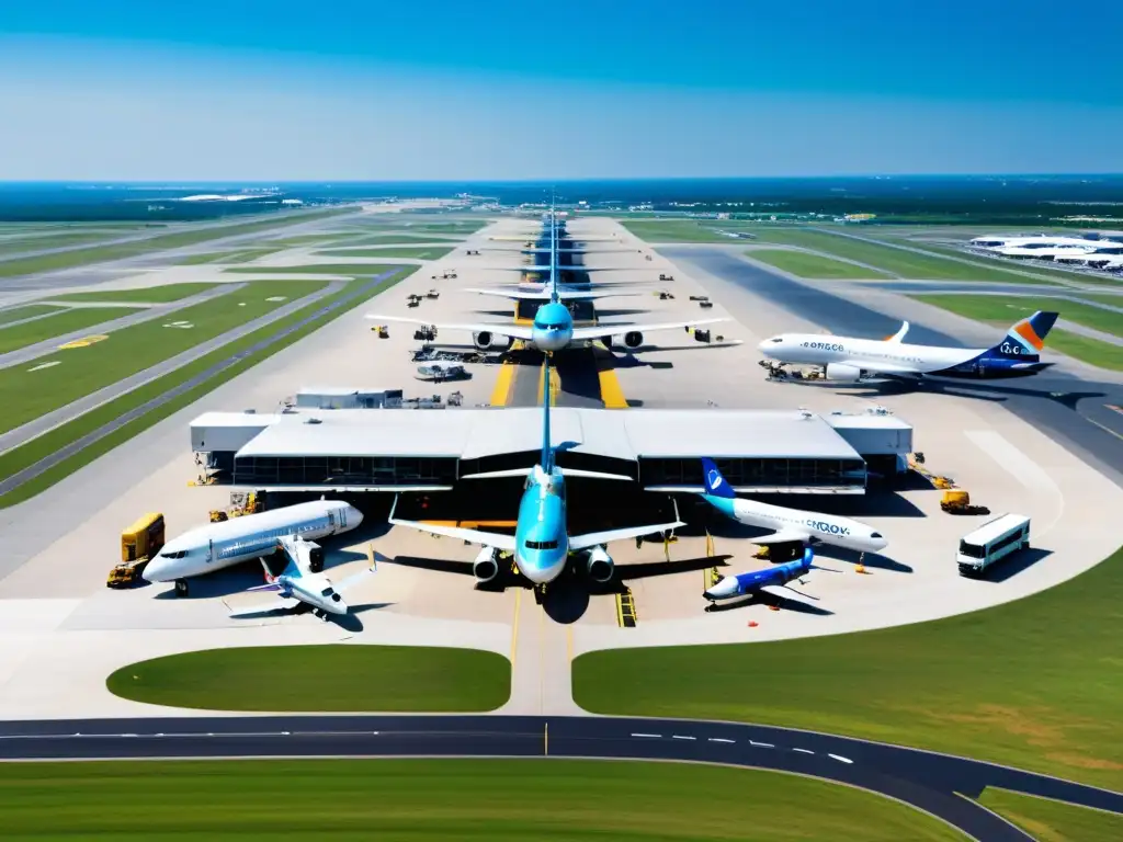 Vista aérea de un moderno aeropuerto con aviones, pistas y actividad vibrante, destacando la seguridad aérea después del 11S