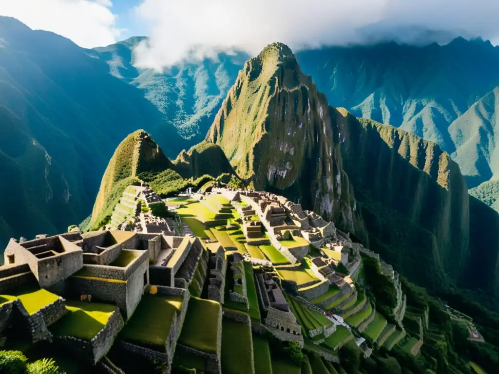 Vista aérea de Machu Picchu entre montañas verdes, con detalles históricos y naturales, ideal para tours aéreos no tripulados destinos turísticos