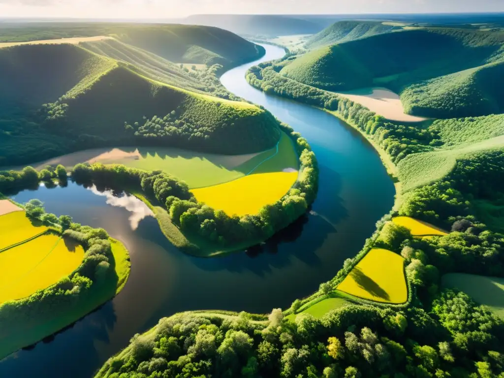 Vista aérea de un paisaje exuberante con río, montañas nevadas y beneficios ecológicos del transporte aéreo no tripulado