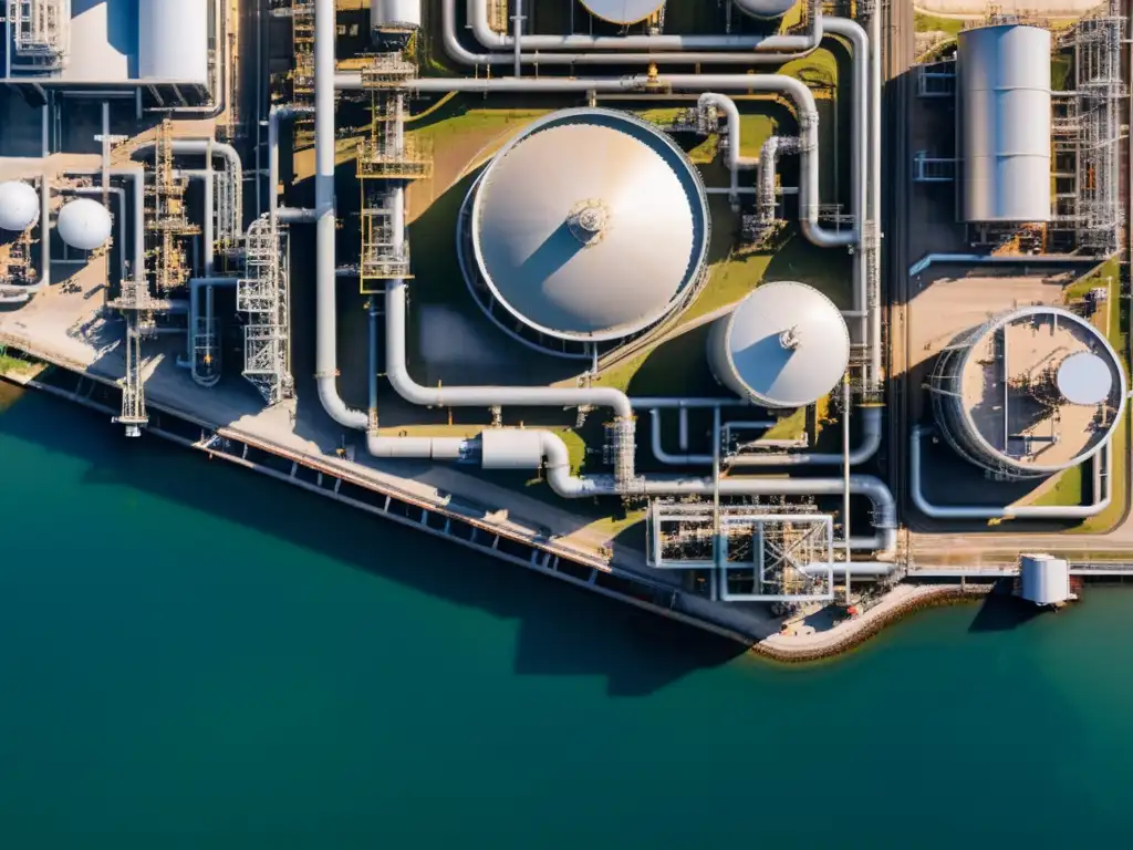 Una vista aérea de paisaje industrial con refinerías, tanques de almacenamiento, redes de tuberías y maquinaria