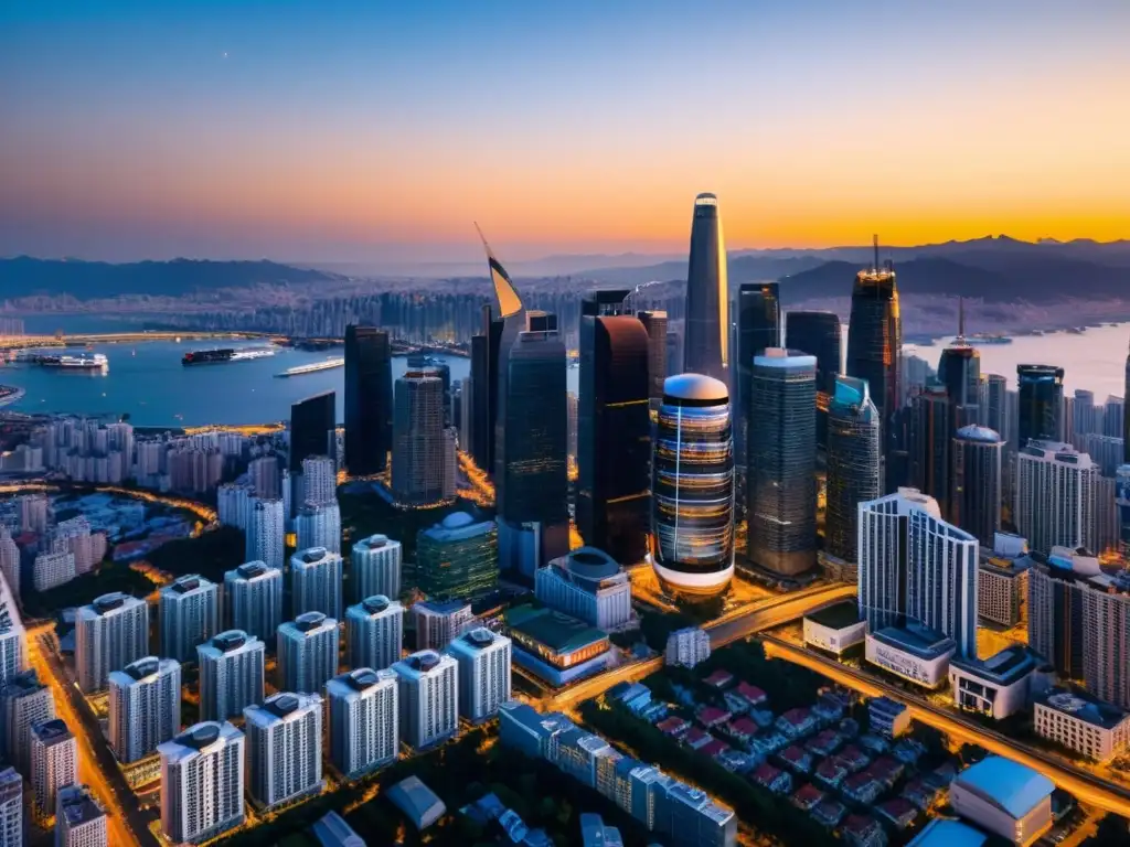 Vista aérea panorámica de la moderna ciudad con teleféricos urbanos como medio transporte, integrados en el paisaje urbano futurista al atardecer