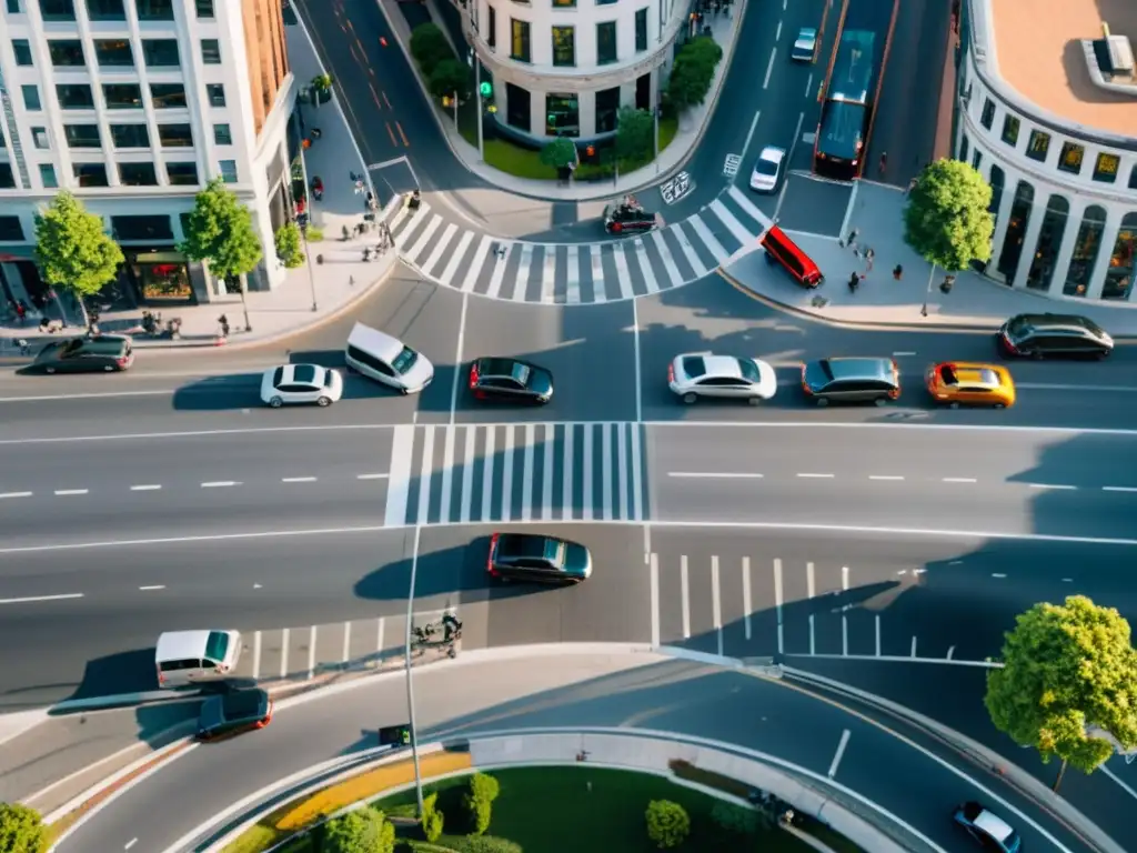 Vista aérea panorámica de intersección urbana con tráfico fluido y medidas de seguridad vial STI integradas