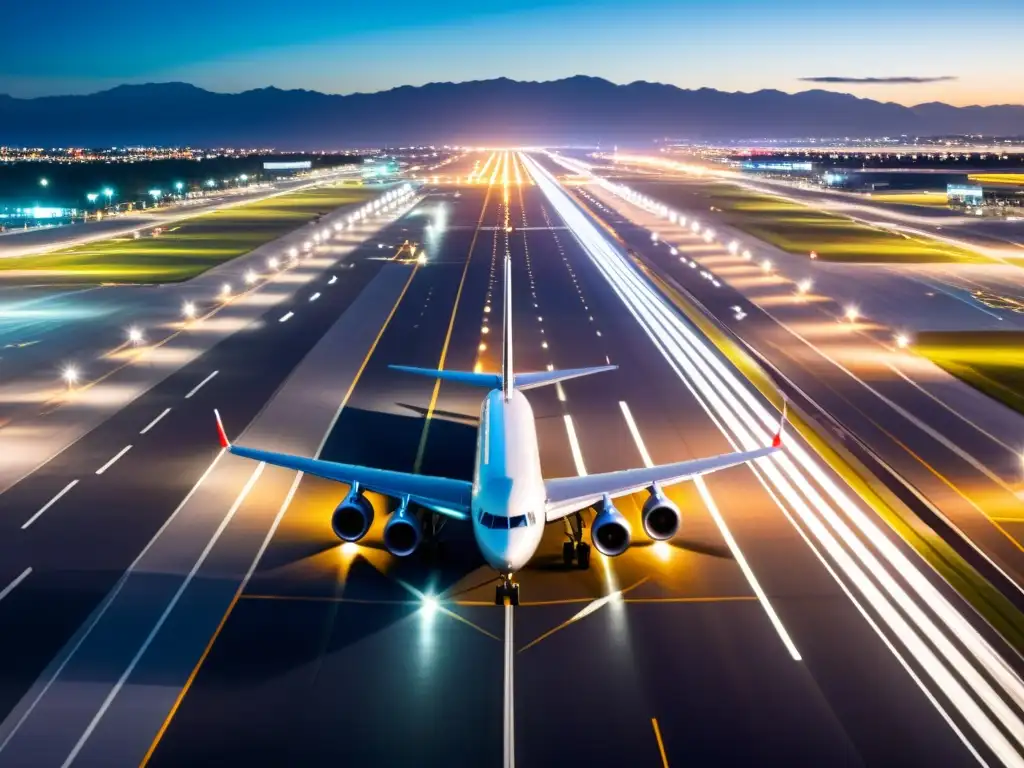 Vista aérea de una pista de aterrizaje con luces iluminadas y un avión aterrizando, resaltando la gestión de pistas de aterrizaje seguras