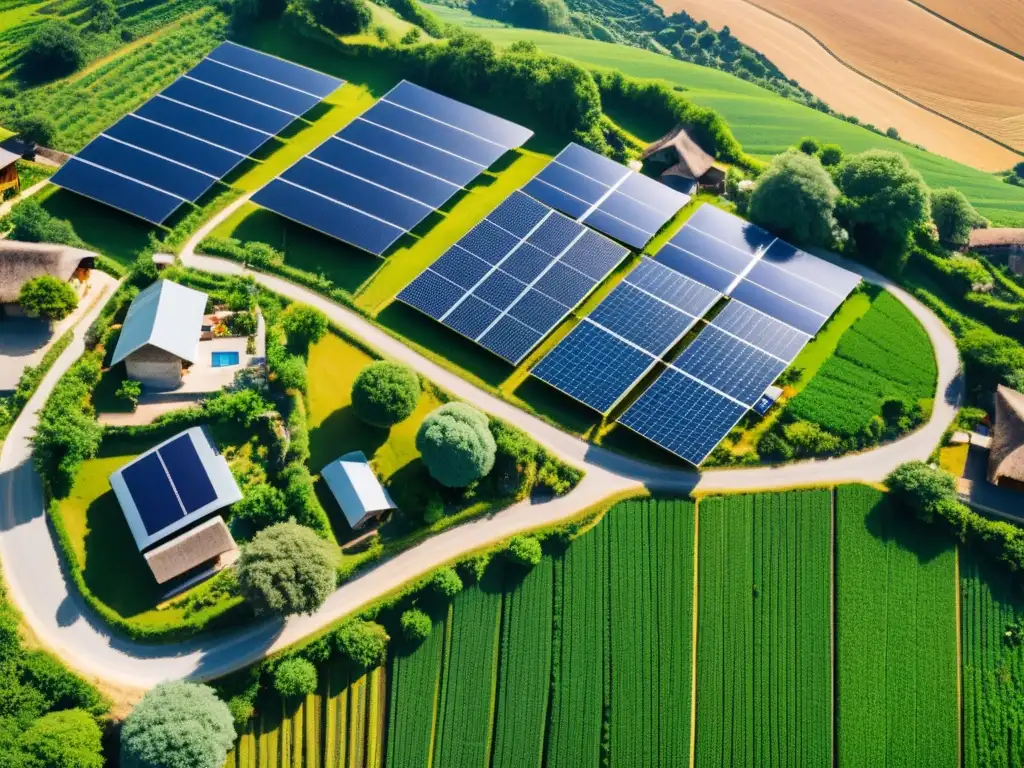 Vista aérea de un pueblo rural con paneles solares en techos, vehículos eléctricos y naturaleza exuberante