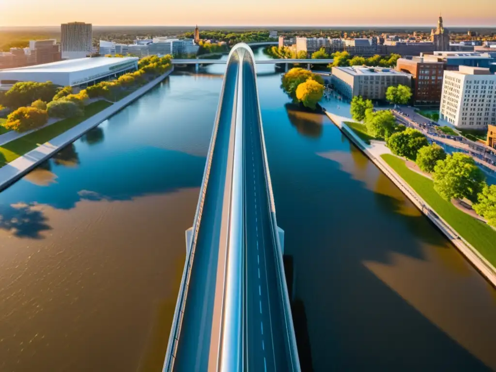 Puente peatonal moderno sobre río urbano Vista aérea de un puente peatonal moderno sobre un río urbano, con diseño elegante y movimiento en la ciudad