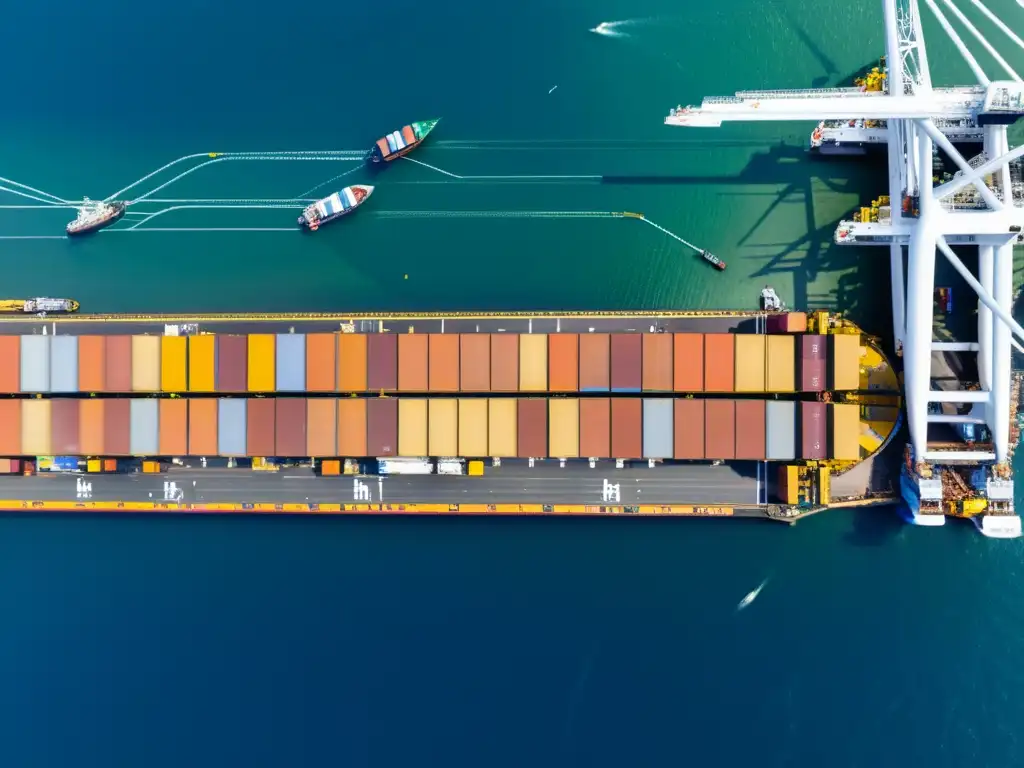 Operaciones portuarias: Potencial de blockchain en transporte Vista aérea de un puerto con actividad frenética, resaltando la adopción del blockchain en transporte
