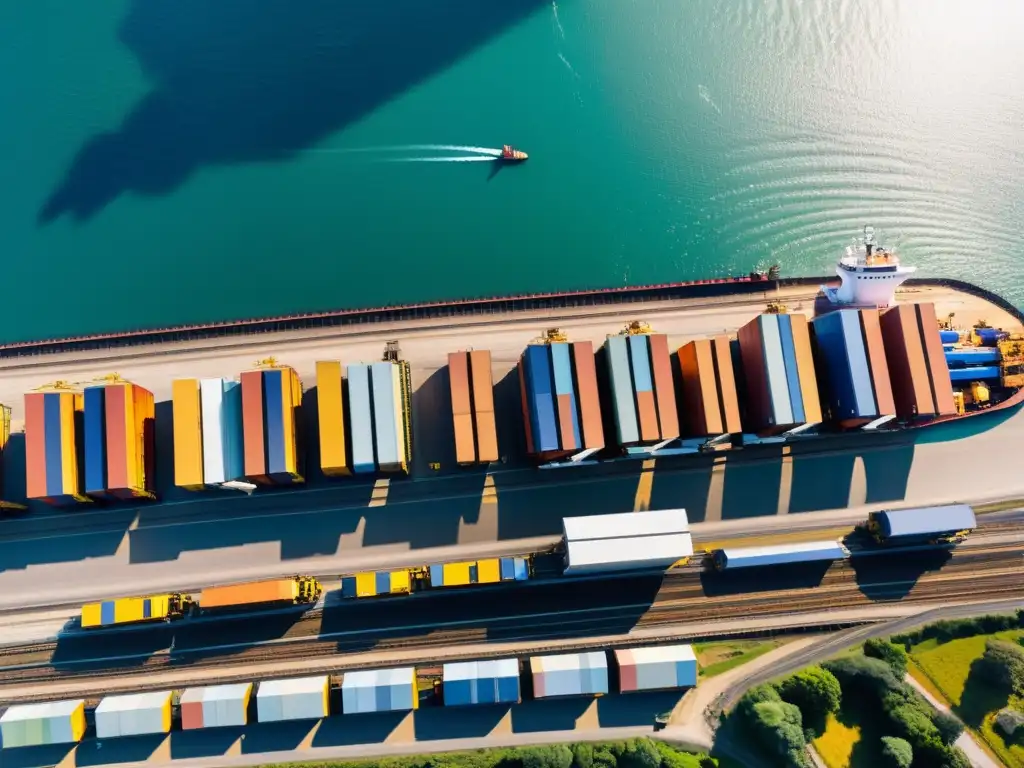 Vista aérea de puerto industrial con monitoreo en tiempo real de mercancías peligrosas, movimiento dinámico y actividad