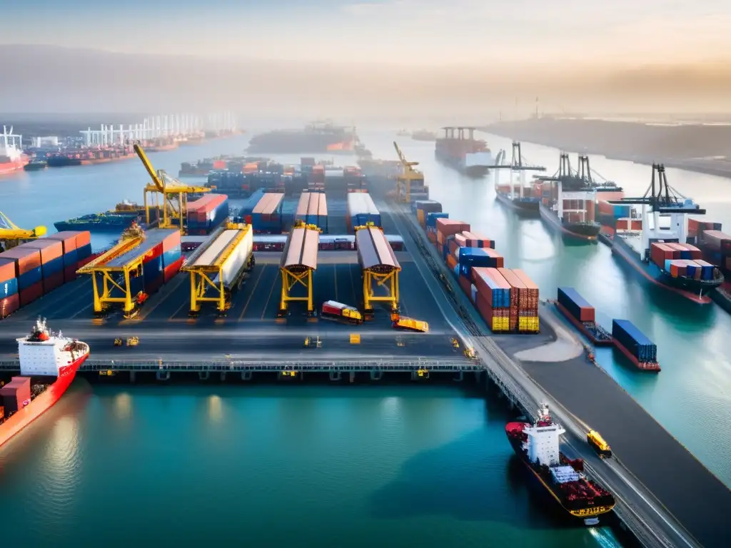 Vista aérea de un puerto industrial bullicioso con transporte sostenible de sustancias nocivas, operaciones complejas y atmósfera envolvente