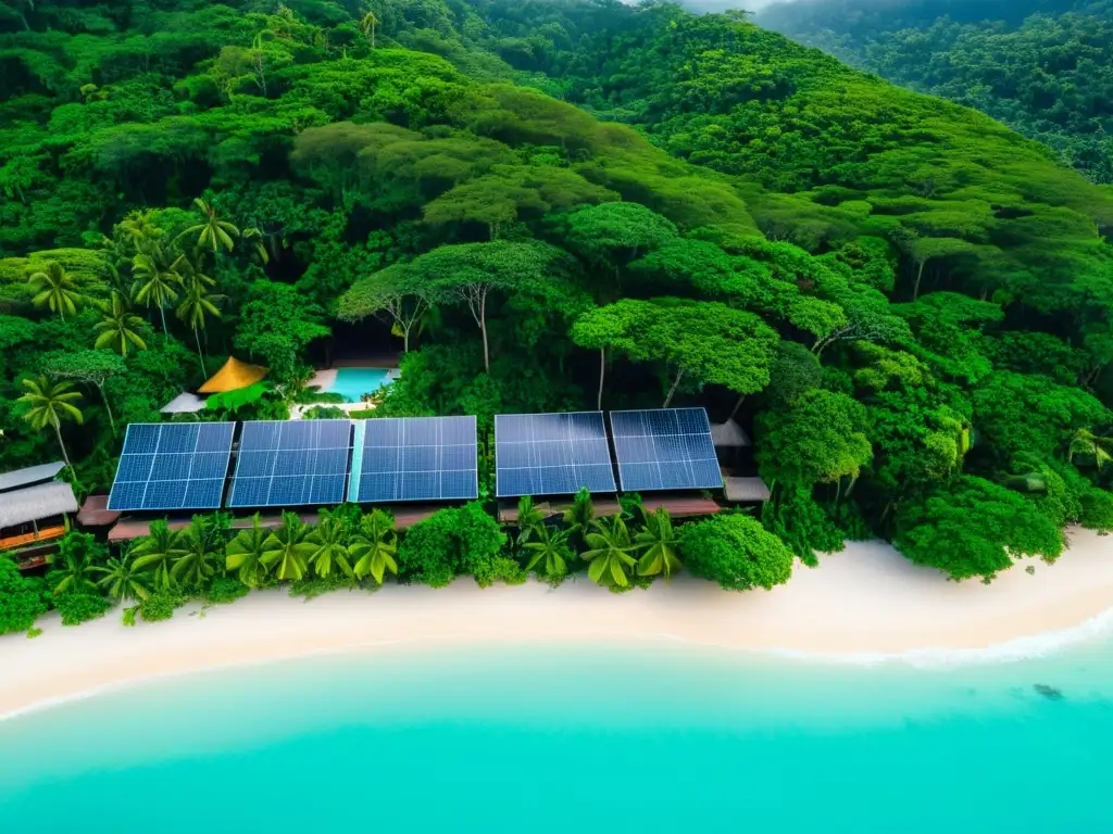 Vista aérea de resort ecológico de lujo en selva tropical, integrando turismo de lujo sostenible con naturaleza exuberante y energía solar