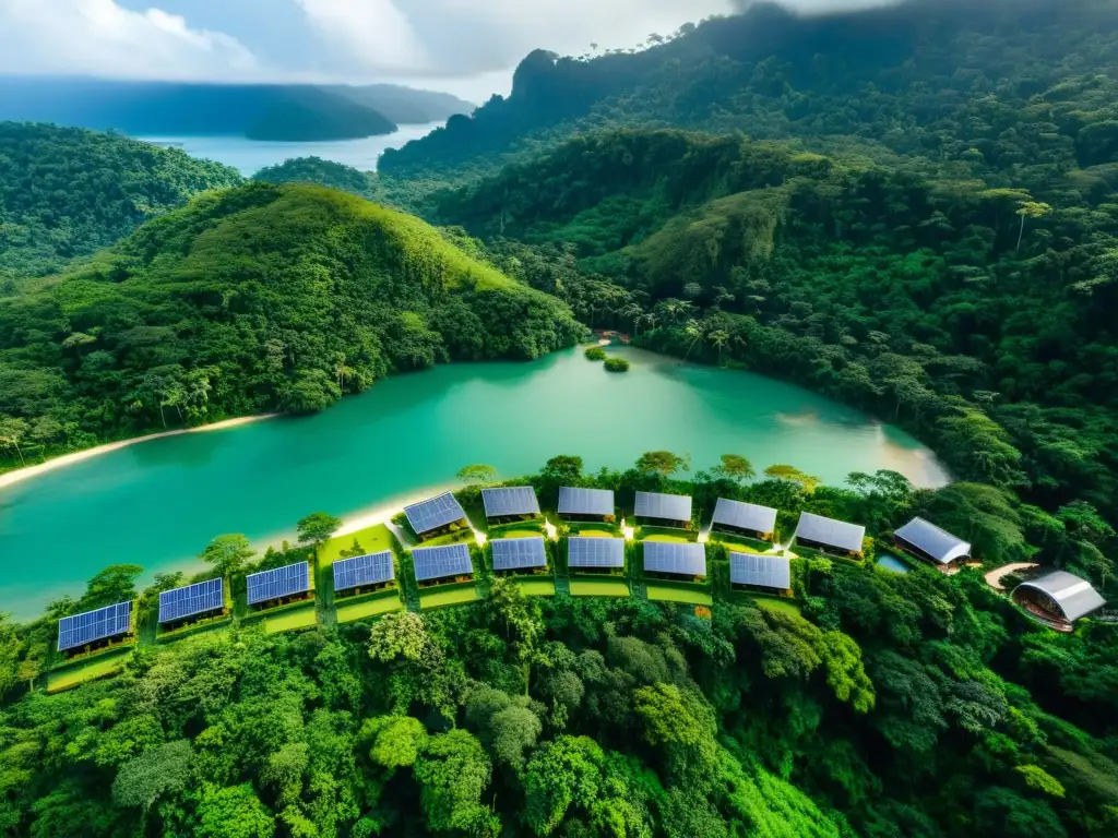 Vista aérea de resort de lujo sostenible en la selva, integrado con la naturaleza, con actividades eco-amigables