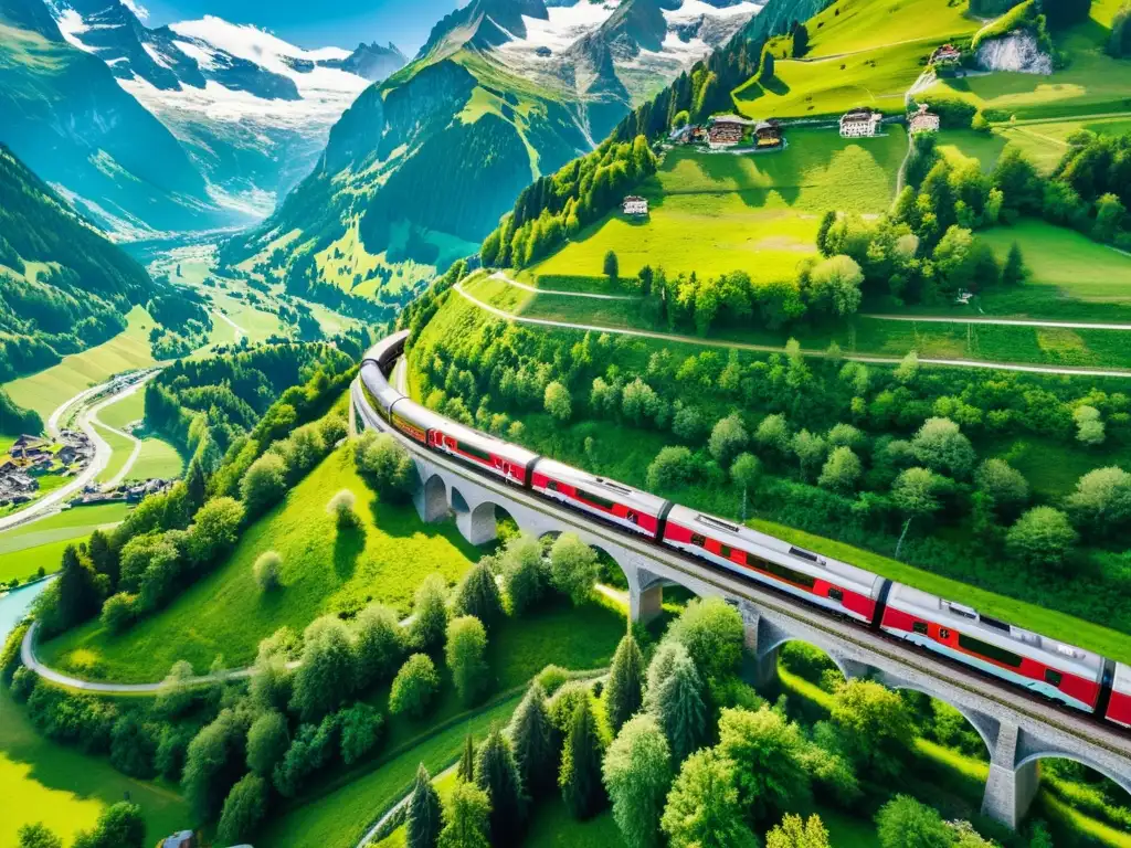 Vista aérea de un tren serpenteando entre los majestuosos Alpes suizos, en una ruta para amantes de la naturaleza