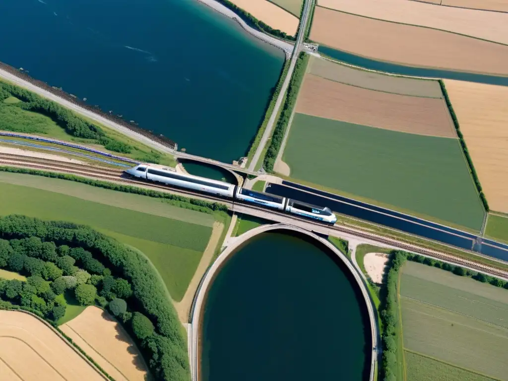 Vista aérea del Eurotúnel, conectando UK y Francia con un tren emergiendo