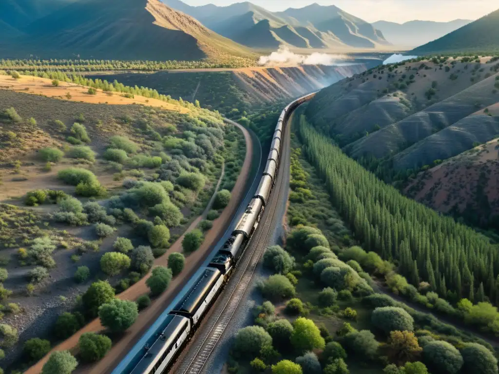 Vista aérea ultradetallada del Gran Ferrocarril del Pacífico, atravesando paisajes americanos