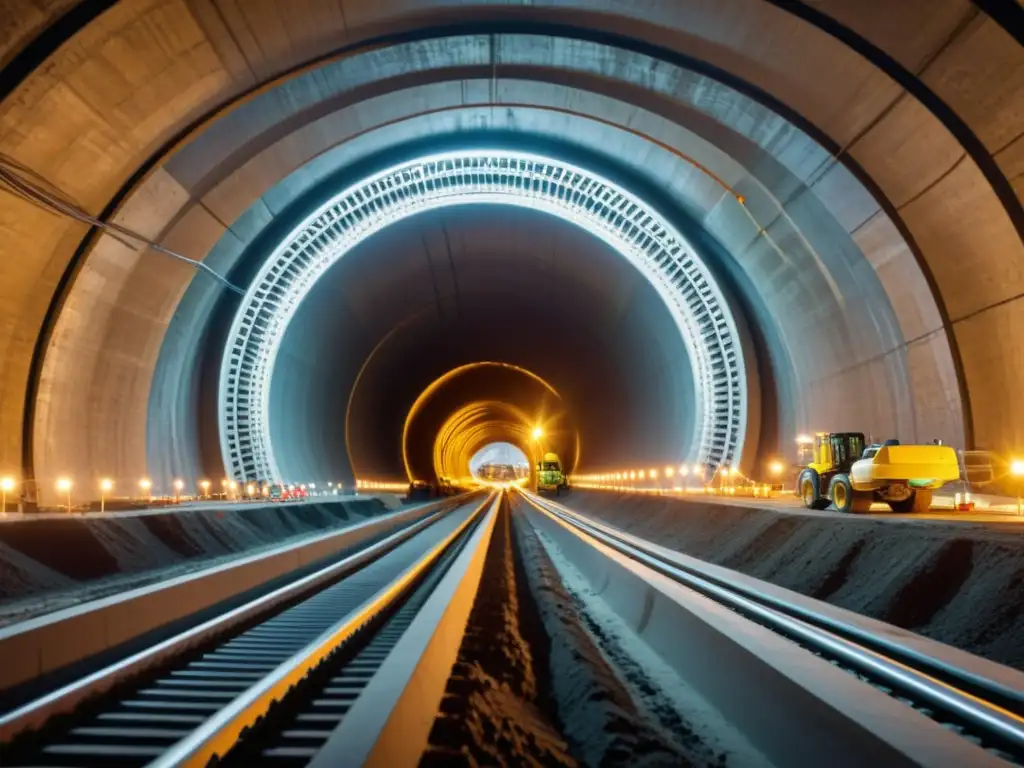 Vista aérea ultraHD de construcción de túneles con tecnologías emergentes y trabajadores en obra