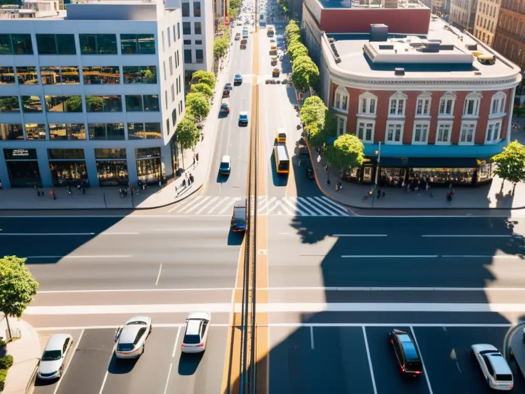 Vista aérea de intersección urbana llena de tráfico, con la tecnología de gestión del tráfico urbano en pleno funcionamiento