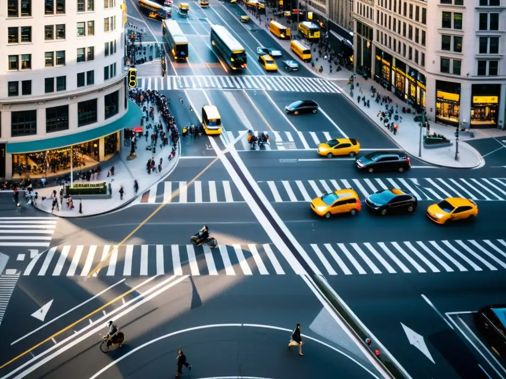 Vista aérea de intersección urbana con tráfico caótico, peatones y edificios altos