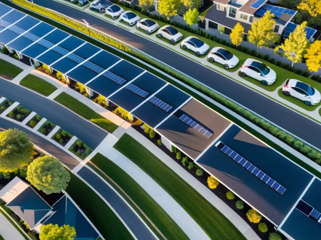 Vista aérea de un vecindario residencial con infraestructura de carga en propiedades, integrando tecnología y vida urbana ecoamigable al atardecer