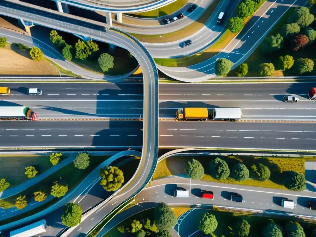 Vista aérea de intersección vial con transporte de cargas peligrosas y planificación de itinerarios