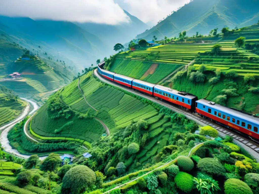 Vista aérea de vibrante tren en rutas ferroviarias Imperio Británico entre montañas neblinosas de Darjeeling, India