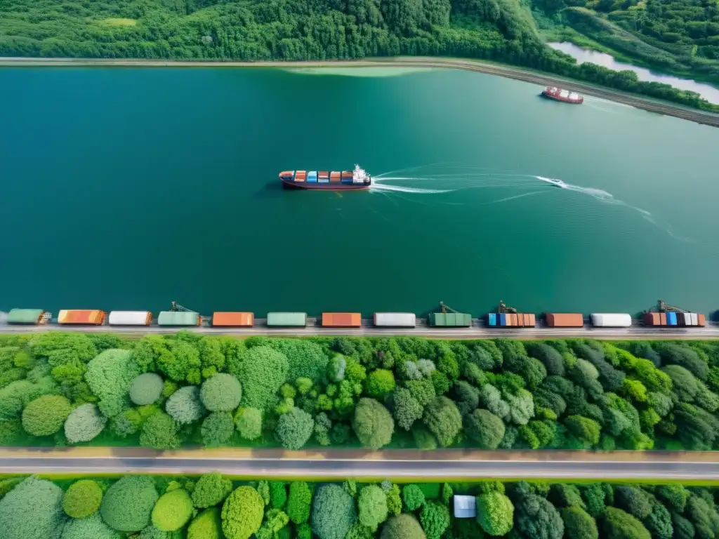 Vista aérea de zona industrial con barcos de carga y camiones, rodeada de vegetación y agua