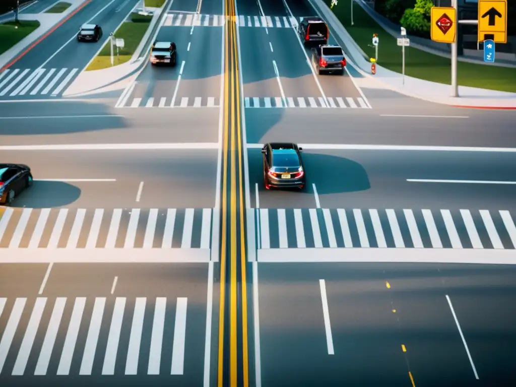 Vista amplia de una intersección urbana capturada por un avanzado sistema de cámaras de punto ciego, demostrando su efectividad en entornos urbanos