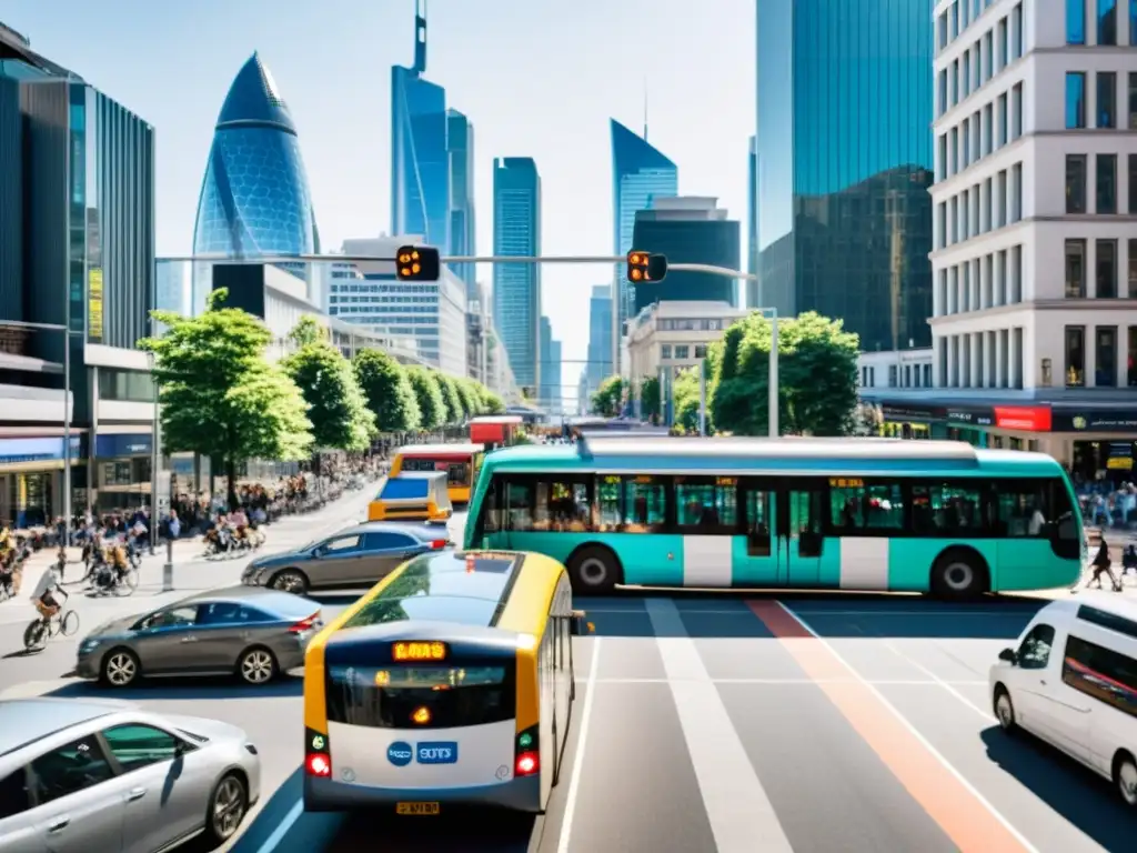 Vista de una animada calle de la ciudad con transporte público variado, peatones y horizonte urbano