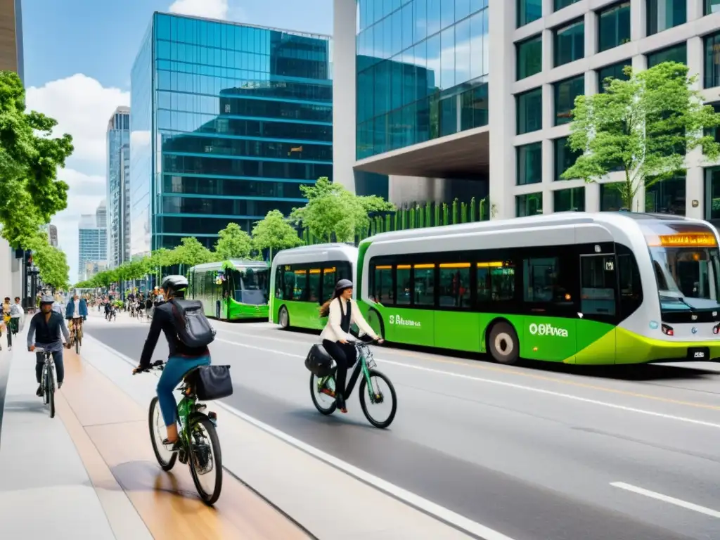 Vista de una animada calle de la ciudad con transporte sostenible evolución historia en un paisaje urbano moderno y dinámico