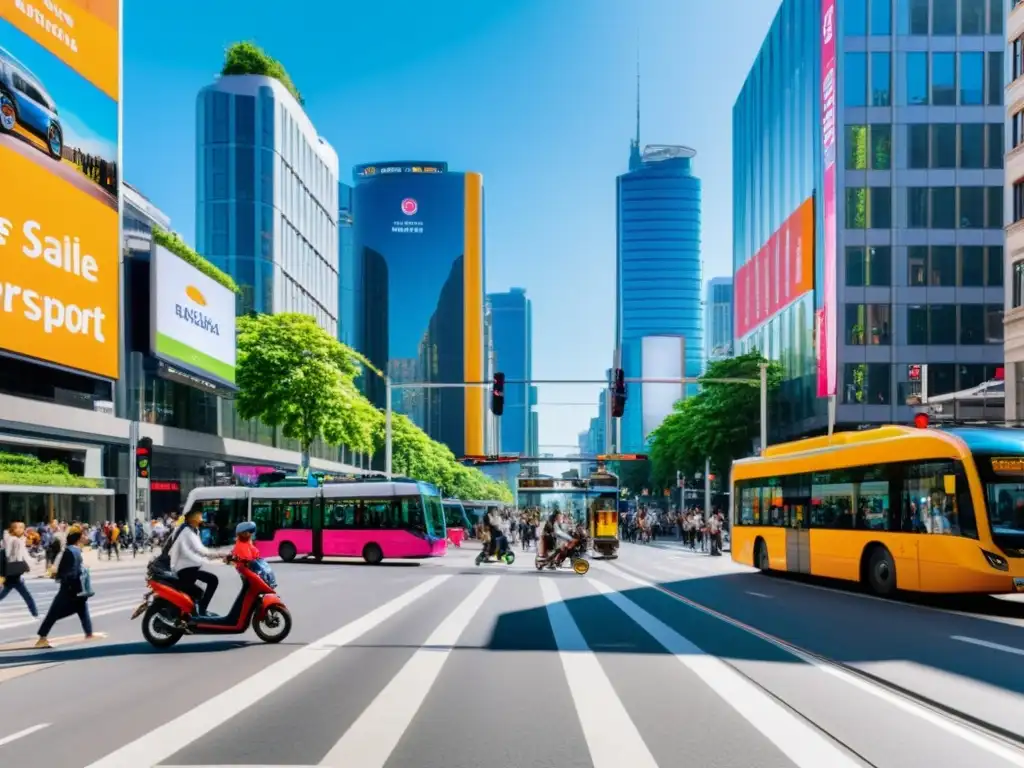 Vista de una animada calle urbana con transporte público y peatones, reflejando el desarrollo de medios de transporte en la ciudad moderna