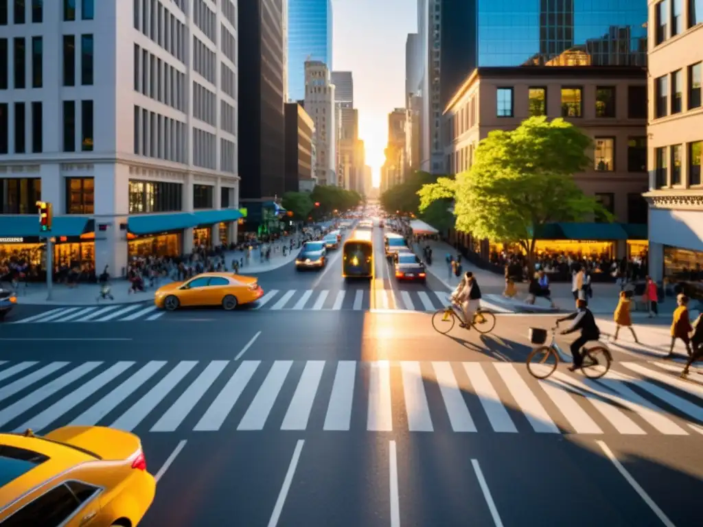 Vista animada de una ciudad con tráfico y peatones cruzando en la intersección