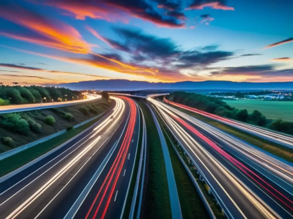 Vista de una autopista con tráfico intenso al anochecer, resaltando la gestión de riesgos en transporte