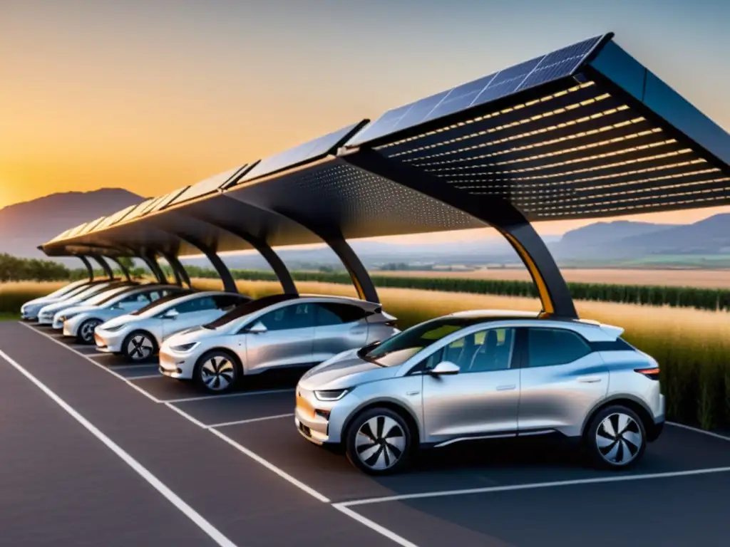 Vista de autos eléctricos bajo paneles solares al atardecer, simbolizando sostenibilidad