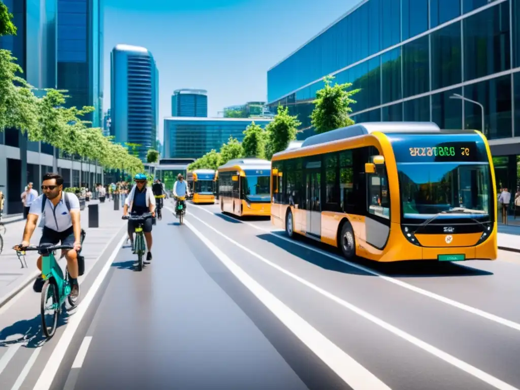 Vista de una bulliciosa calle con autobuses eléctricos y bicicletas en carriles exclusivos, rodeada de vegetación y edificios sostenibles