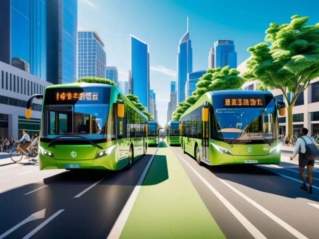 Escena urbana sostenible con buses eléctricos y ciclistas Vista de una bulliciosa calle de la ciudad llena de autobuses eléctricos, ciclistas y peatones, rodeada de altos edificios verdes y paneles solares