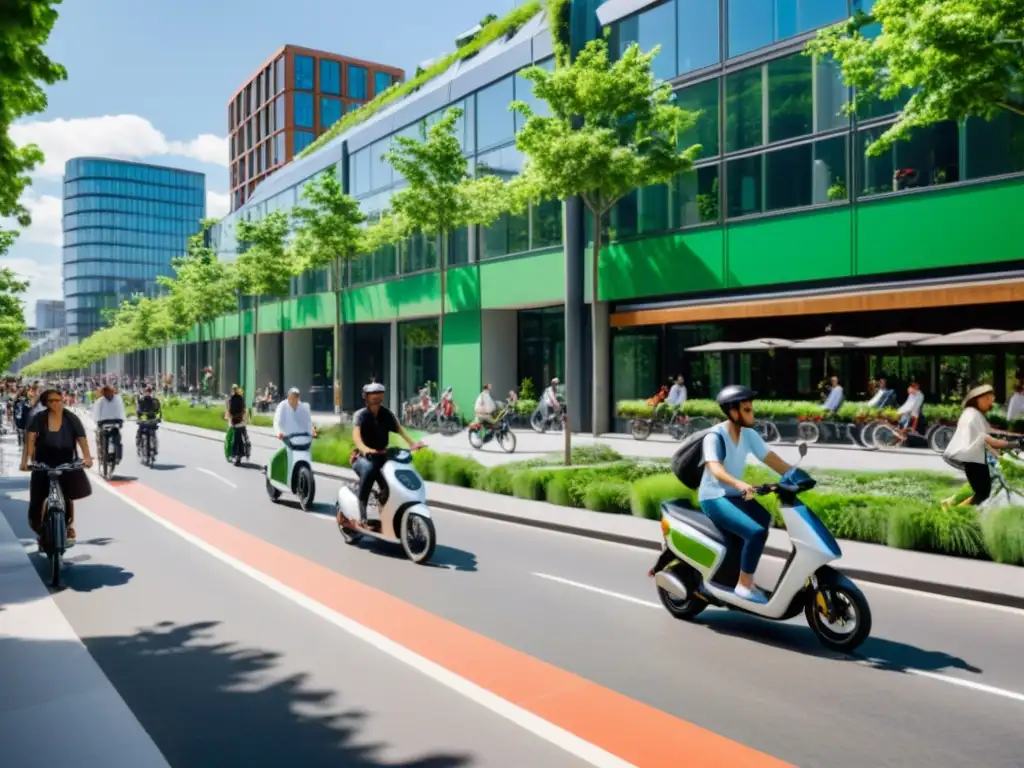 Vista de una bulliciosa calle de la ciudad con medios de transporte ecológicos sostenibles y arquitectura sustentable