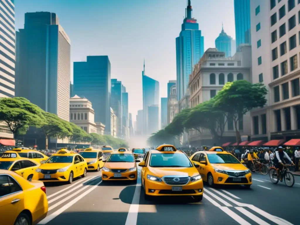 Vista de una bulliciosa calle de la ciudad con taxis tradicionales y vehículos de ride sharing, rodeada de rascacielos