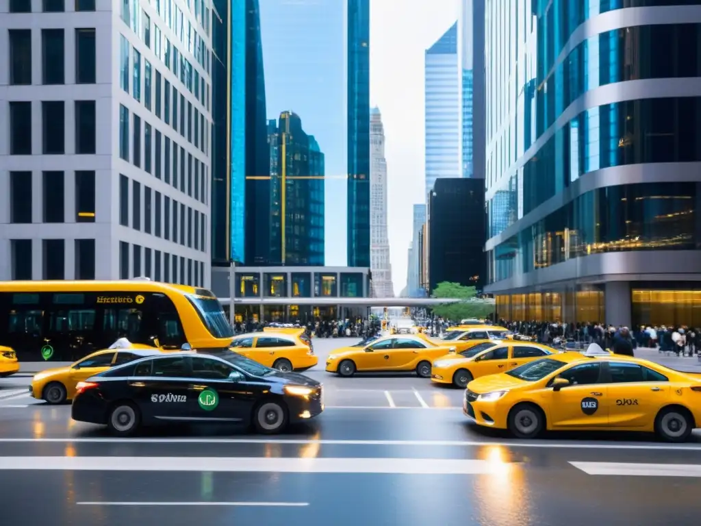 Vista de una bulliciosa calle de la ciudad con integración de plataformas de ride sharing, reflejando la eficiencia del transporte urbano