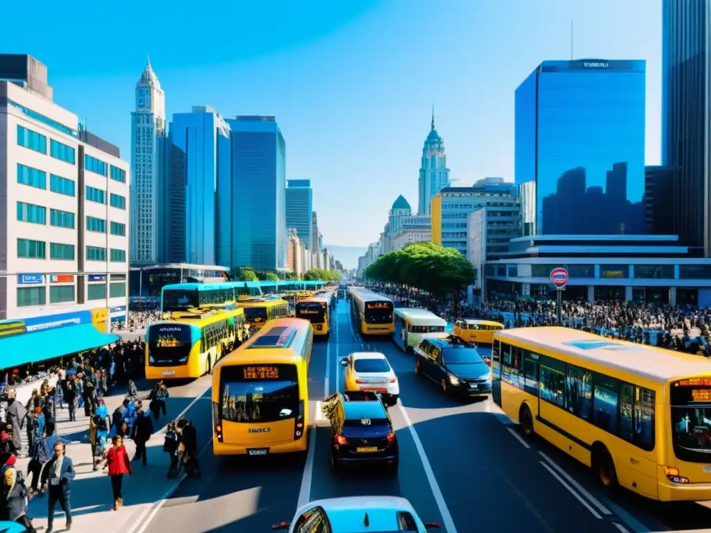 Vista de una bulliciosa calle de la ciudad con tráfico de autobuses, taxis y peatones