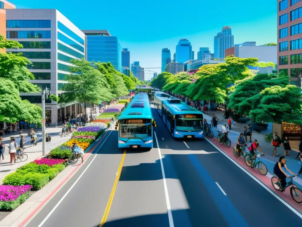 Vista de una bulliciosa calle de la ciudad con transporte público diverso, bicicletas y peatones