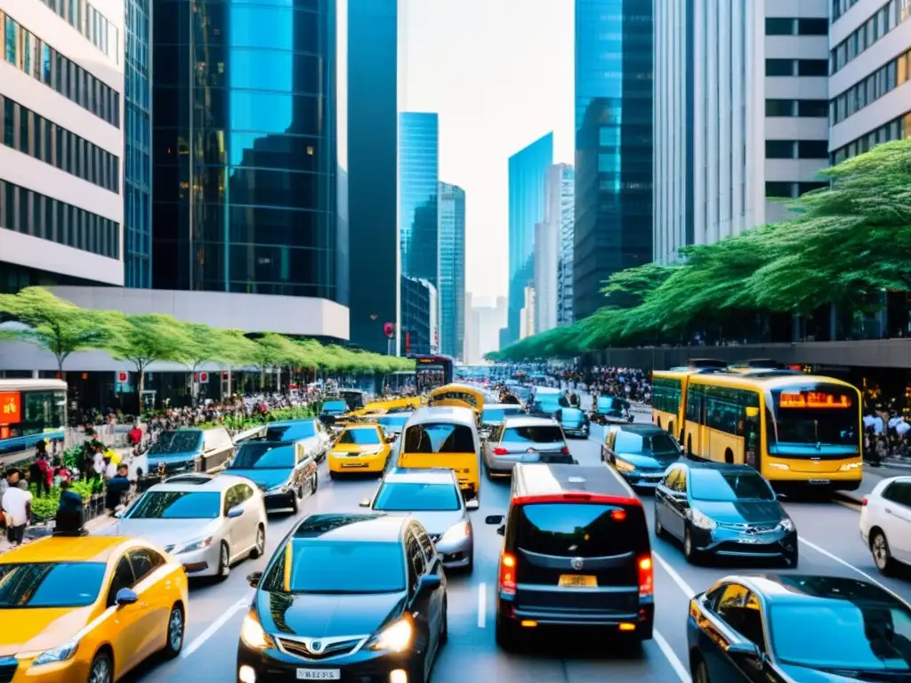 Vista de una bulliciosa calle de la ciudad llena de diferentes modos de transporte, rodeada de altos edificios