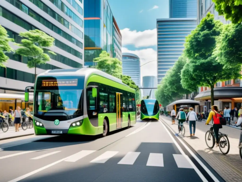 Vista de una bulliciosa calle de la ciudad con medios de transporte sostenibles y ambiente ecofriendly