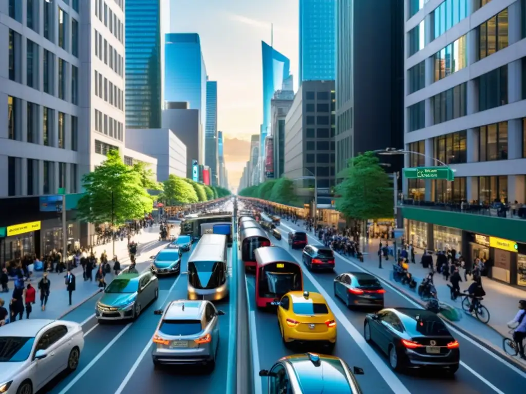 Vista de una bulliciosa calle de la ciudad con varios modos de transporte, destacando la interacción entre STI y legislación de transporte