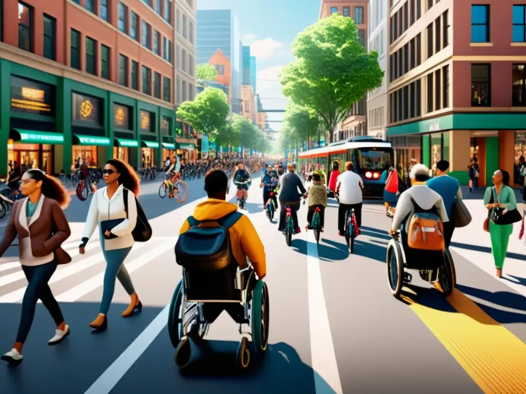 Vista de una bulliciosa calle de la ciudad con accesibilidad para peatones, usuarios de silla de ruedas y ciclistas, destacando el transporte accesible y asequible